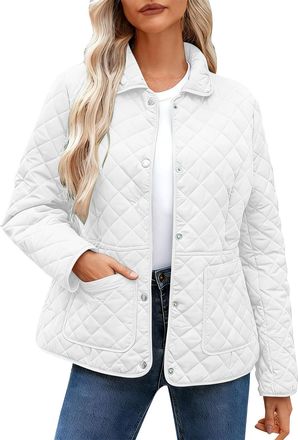 Generic Womens Quilted Jackets Uk - Diamond Lightweight Padded Coat, Long Sleeve Casual Loose Puffer Jacket, Pockets, Oversized Lapel Collar Button Down Pullo