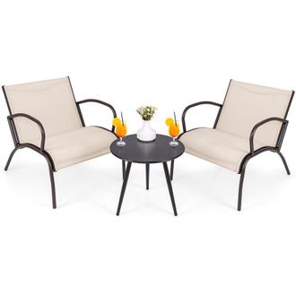 Costway Set Tavolino e Poltrona a 3 Pezzi, Tavolino e Poltrone da Giardino con Seduta Curvata in Tessuto, Set di Mobili Esterno da Bistro, per