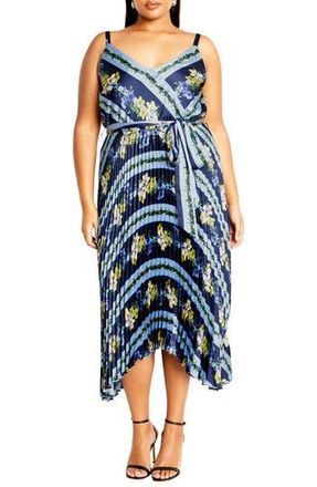 City Chic Amelia Floral Pleated Handkerchief Hem Dress in Navy Garden Party at Nordstrom Rack, Size Xxl/24W