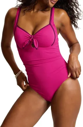 Tommy Bahama Island Cays Cabana Tie Front One-Piece Swimsuit in Hibiscus Pop at Nordstrom, Size 16