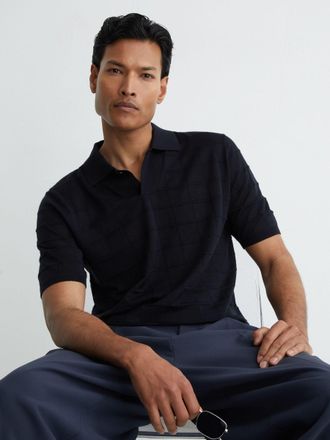 Reiss Navy Check-texture Short-sleeve Polo Jumper With Wool, XL