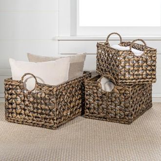 Happimess Quinn Bohemian Cottage Woven Hyacinth Rectangular Storage Baskets with Handles, in Brown at Nordstrom