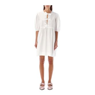 Ganni Kleedjes, Dames, Wit, L, Katoen, Jurk met pofmouwen en strikdetail