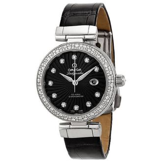 Omega DeVille Ladymatic Black Diamond Dial Stainless Steel Black Leather Ladies Watch 425.38.34.20.51.001