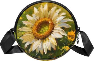 Generic Circle Crossbody Bag for Women, Daisy Painting Small Sling Bag Daypack with Zipper Adjustable Shoulder Straps Casual Ladies Girls Round Purse