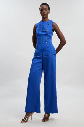 Karen Millen Womens Tailored Linen Button Front Wide Leg Trouser - Blue Lyocell - Size 14 UK