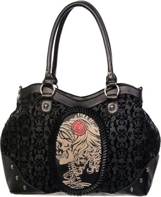 Banned BLACK FLOCKED CAMEO SKULL ROSE SHOULDER BAG HANDBAG BLACK TATTOO GOTH NEW BEDLAM