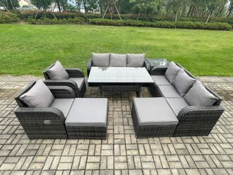 Fimous 10 Seater Rattan Garden Furniture Set Oblong Rectangular Dining Table & Chairs Set with 3 Seater Sofa 2 Big Footstool Side Table in Dark Grey