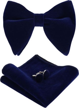 Alizeal Mens Pre-Tied Velvet Oversized Bow Tie, Hanky and Cufflinks Set Classic Formal Solid Color Bowtie Set, Navy Blue