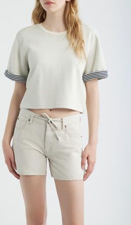 Frame Denim The Stripe Cuff Cotton Blend crop T-Shirt in Cream Multi at Nordstrom, Size X-Large