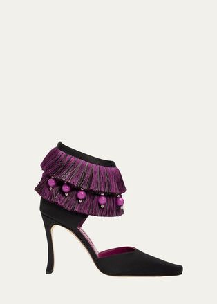 Manolo Blahnik 105mm Sorolla Satin Fringe Ankle-Strap Pumps