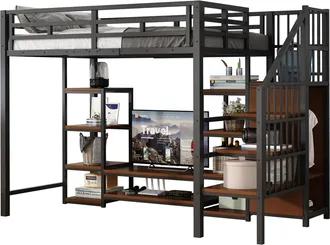 STILVORA Cama Alta Individual Con Soporte Tv, Enchufe Y Escalera Con Almacenaje, 90&times;200 Cm, Sin Colch&oacute;n, Negro