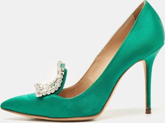 Manolo Blahnik Green Satin Borlak Crystal Embellished Pumps