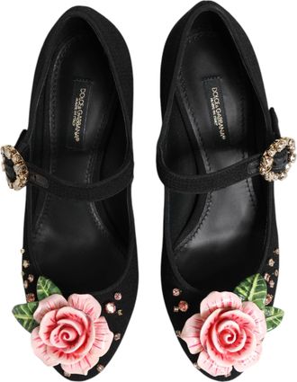 Dolce & Gabbana Womens Black Flower Crystal Embellished Mary Jane Shoes Wool Rayon Goat Skin