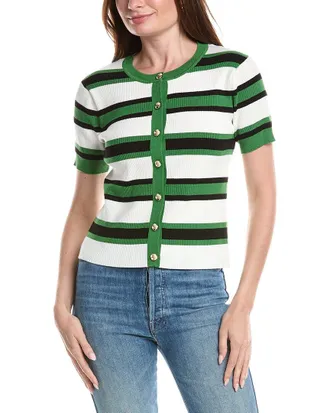 T Tahari Pointelle Rib Striped Button Front Top