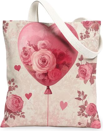 Generic Valentines Floral Canvas Tote Bags, Heart Rose Pattern Reusable Grocery Bags, Lightweight Washable Shoulder Strap Canvas for Gym Outdoor Travel Beach 