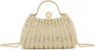 Girly HandBags Beaded Evening Clutch Purse for Women with Pearl Handle and Chain Strap - Wedding, Party, Prom Handbag Medium Gold