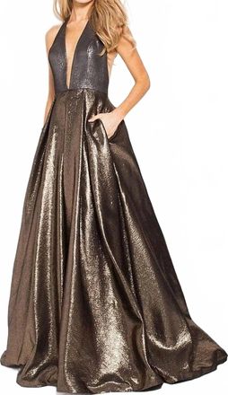 Jovani Halter Metallic Prom Dress In Gold/silver