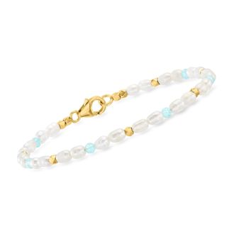 Ross-Simons 3x5mm Cultured Pearl and 3mm Amazonite Bead Station Bracelet With 18kt Gold Over Sterling