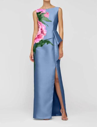 Kay Unger Luciana Column Gown In Pearl Blue Multi