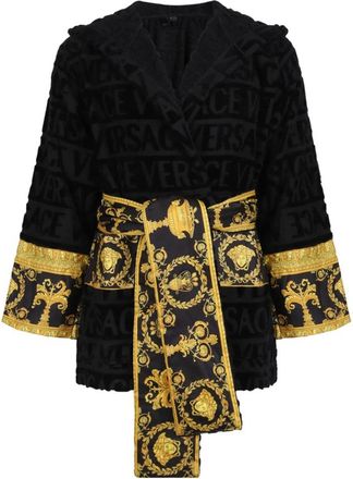 Versace Nachtkleding, Dames, Zwart, M, Katoen, Zwarte korte badjas met barokdesign