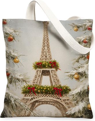 Generic Christmas Paris Tower Canvas Tote Bags, Holiday Tree Pattern Reusable Grocery Bags, Winter Lightweight Washable Shoulder Strap for Travel Beach 13x15 