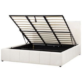 Beliani Cama Con Almacenaje Tapicer&iacute;a De Tela De Poli&eacute;ster Con Cabecero Blanco Crema 180 X 200 Cm Castelnavet