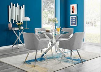 Furniturebox Novara Round Glass Dining Table & 4 Falun Silver Leg Chairs in Light Grey