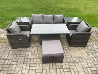 Fimous Wicker PE Rattan Outdoor Garden Furniture Set Height Adjustable Rising lifting Dining Table With Armchair in Dark Grey