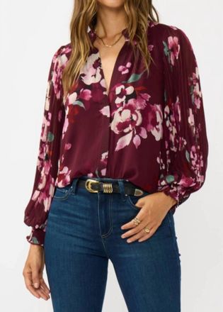 Lovestitch Pleated Sleeve Floral Button Blouse In Wine/dusty Rose