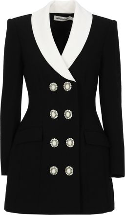 Self Portrait Double-Breasted Black Wool Jacket Dress With White Shawl Collar