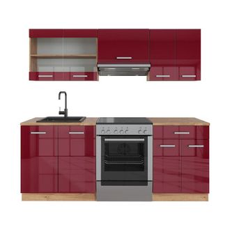 Vicco Mueble De Cocina R-line, Burdeos Brillo Intenso/roble Dorado, 200 Cm, Et Roble