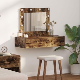 Berkfield Home Wall Hanging Dressing Table with LED Lights Smoked Oak in Brown