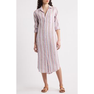 Frank & Eileen Long Sleeve Linen Midi Shirtdress in Multi Pink Green Stripe at Nordstrom Rack, Size Xx-Small