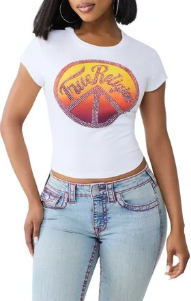 True Religion Crystal Embellished Graphic Stretch Cotton Baby Tee in Optic White at Nordstrom, Size X-Small