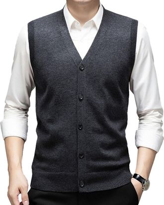 Generic Wool Blend Cardigan Vest Men Button Up Sweater V Neck Sleeveless Pullover Knitwear Business Casual Warm Layer Dark Gray X-Large