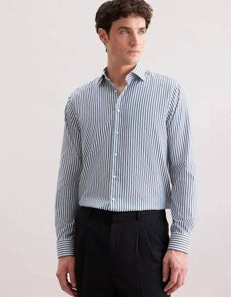 Seidensticker Seidensticker Mens Regular Fit No Iron New Kent Striped Business Shirt Dark Teal - White - Size: Regular/42