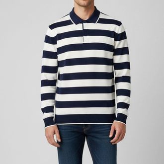 Carolina Herrera Navy Blue & White Stripe Pique Cotton Polo T-Shirt