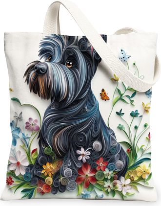 Generic Paper Quilling Scottish Terrier Dog Canvas Tote Bag for Shopping 13x15, Fun Wildflower Puppy Reusable Grocery Print Pattern Bag for Women, Pet Beach A