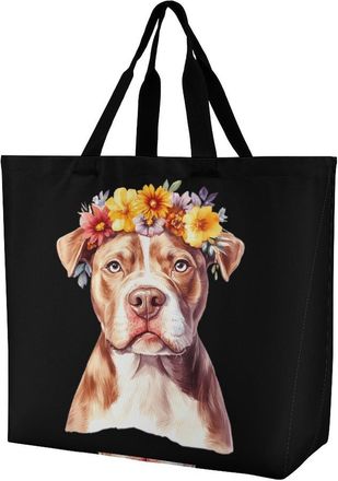 Generic Flower Dogs Watercolor Tote Bag Reusable Grocery Shopping Bags Large Travel One Shoulder Handbag for Picnic Work