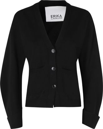 Erika Cavallini Semi Couture Pietro Black V-Neck Virgin Wool Cardigan