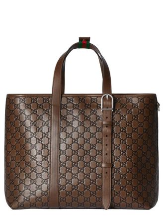 Gucci Mens Tote Bag Gg Emblem Brown Leather Calf Handbags Hand