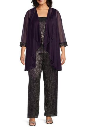R & M Richards 3-Piece Metallic Evening Pants Set In Plum
