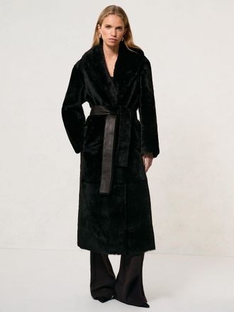 Reiss Chocolate Brown Shearling Belted Coat, M
