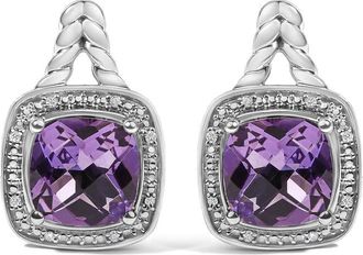 House of Brilliance Sterling Silver Cushion Cut Amethyst and Diamond Accent Halo Drop Earrings