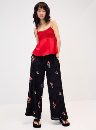 Twik Womens Embroidered flowers wrinkled pant