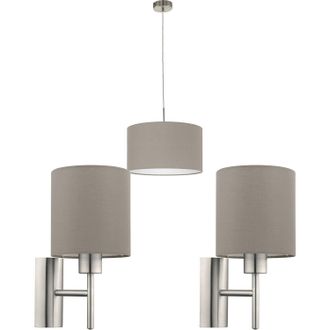 Loops Ceiling Pendant Light & 2x Matching Wall Lights Satin Nickel Taupe Fabric Shade in Metallics