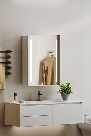 Living and Home 60cm W x 80cm H Bathroom LED Anti-Fog Makeup Mirror Cabinet with Touch Switch in Silver | Size: 60 cm W x 80 cm H
