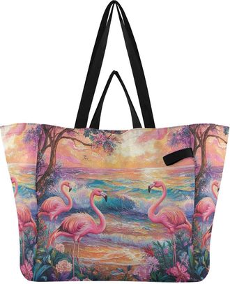 Generic Flamingo Ocean Flower Pink print Reusable Canvas Tote Bag, Heavy Duty Grocery Shopping Bag with Large Capacity Hard Bottom Double Handles Work Groceri