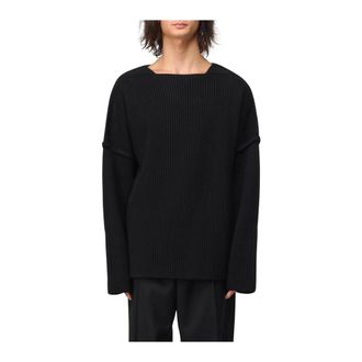 Jil Sander Round-neck Knitwear, male, Black, M, Ribbed Knit Square Neck Jumper